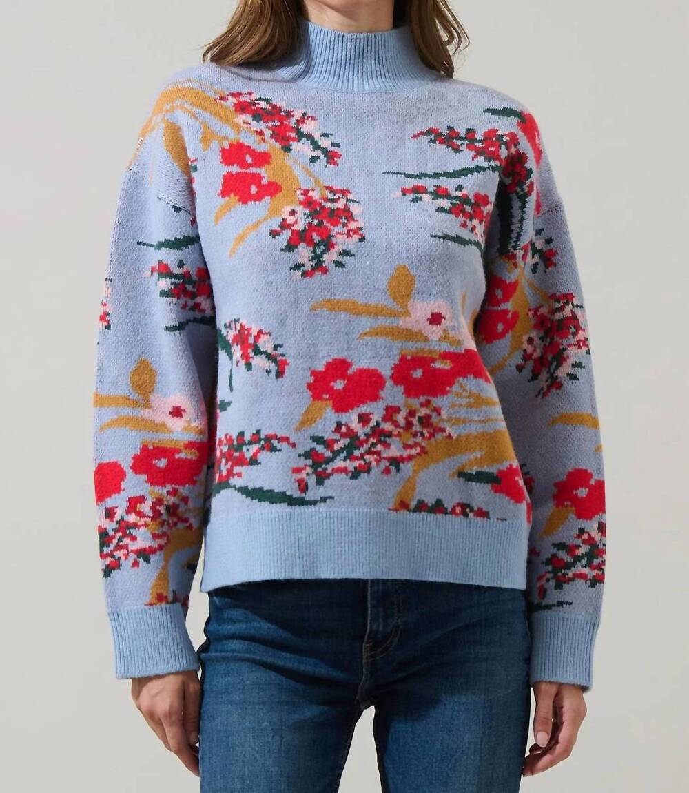 NEW SUGARLIPS wildflower whisper floral sweater in light blue/ multi